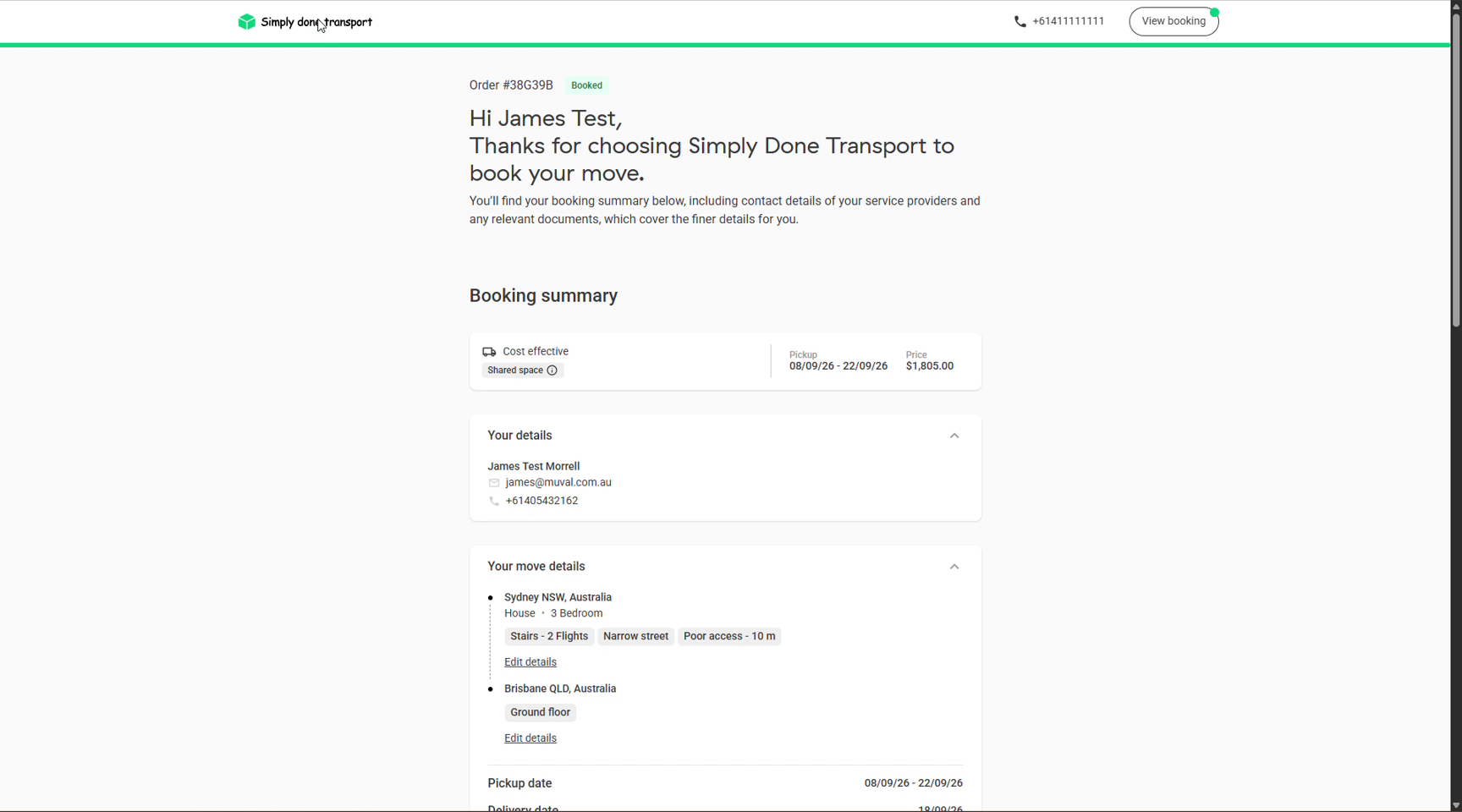Booked confirmation page with booking summary, details and edit links