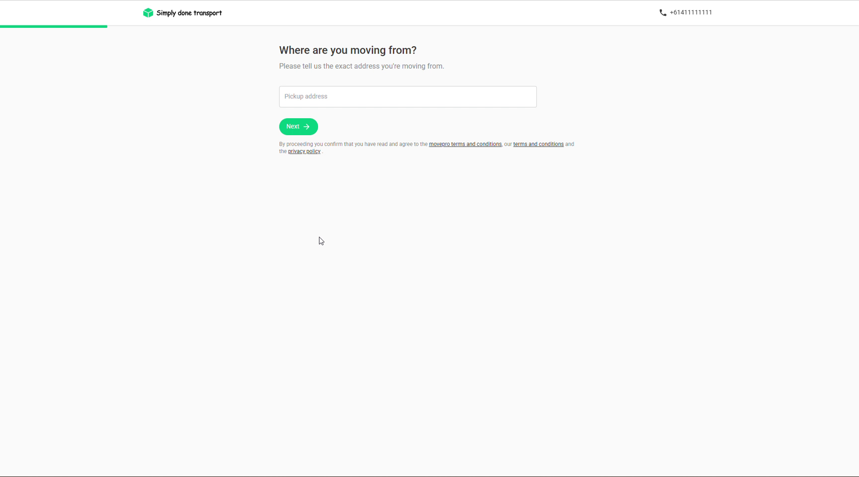 Booking form first step asking where are you moving from