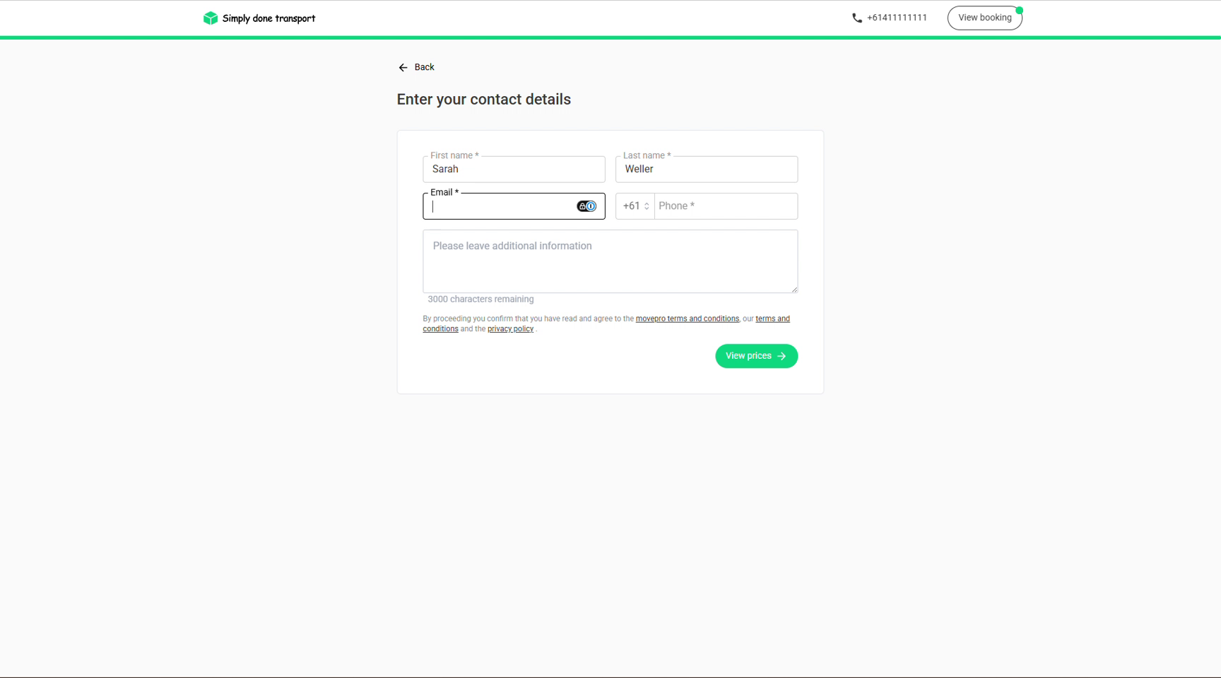 Contact details step with name, email, phone and view prices button