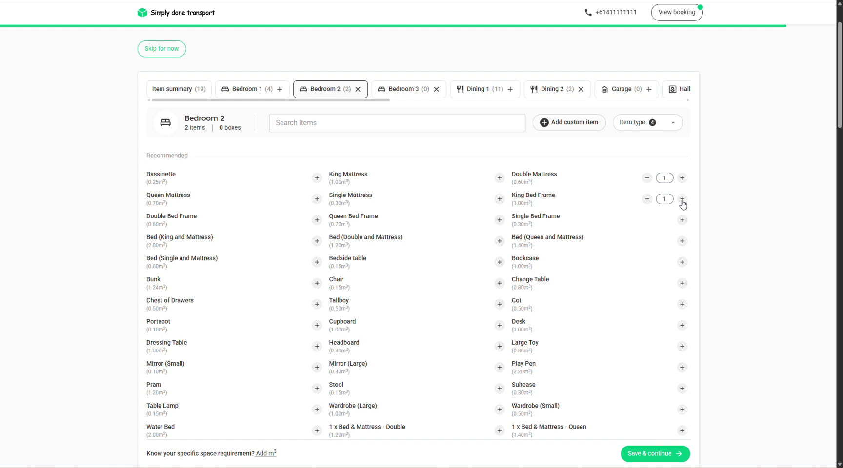 Booking form inventory step with room tabs and recommended items