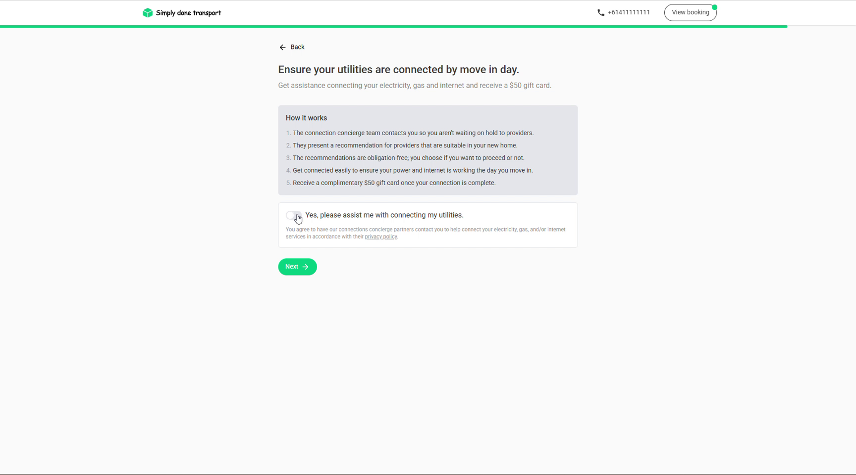 Utilities connection step with how it works and an opt-in toggle