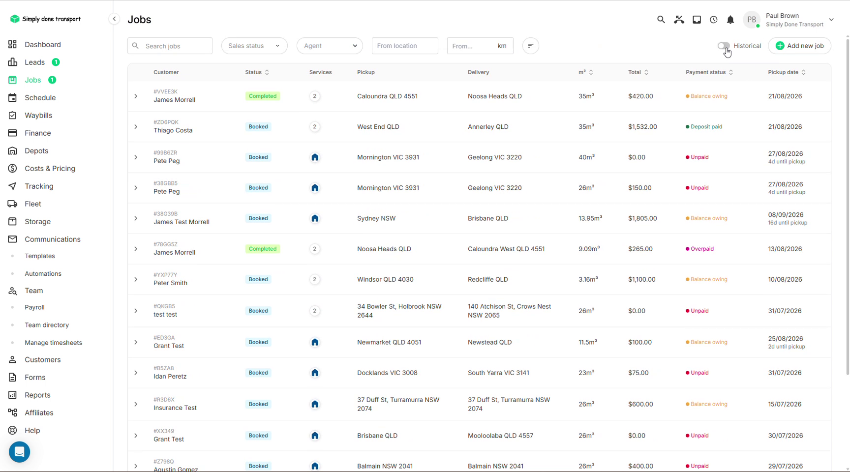 Jobs list with status and payment status columns