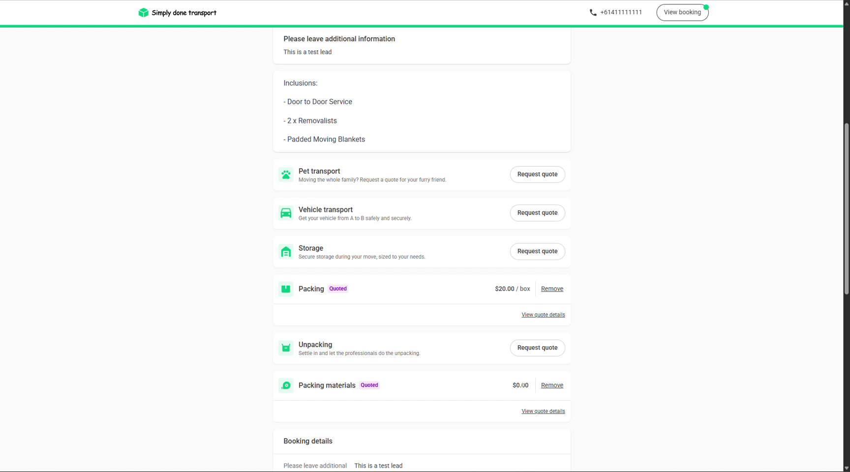 Portal add-on services with request quote buttons