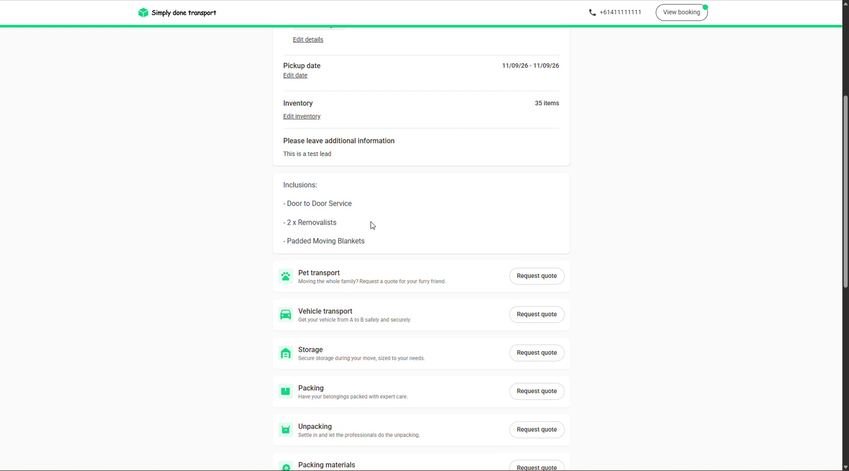Portal review page with editable date, inventory and inclusions