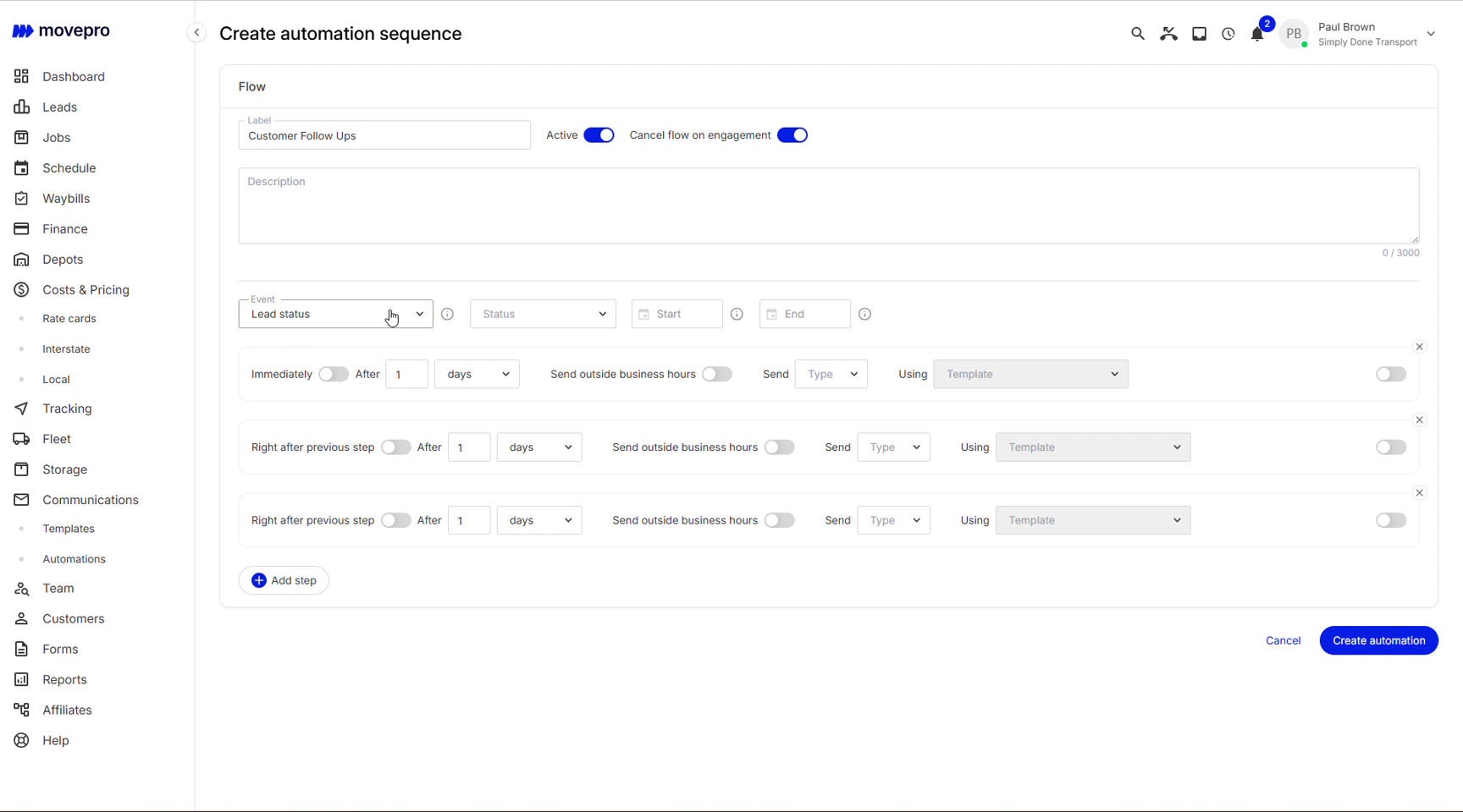 Automation trigger set to the Lead status event