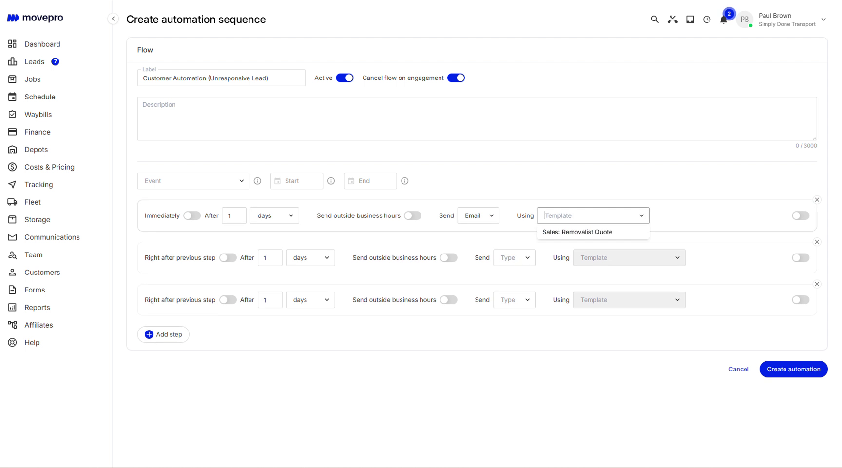 Automation sequence builder with timed steps sending templates