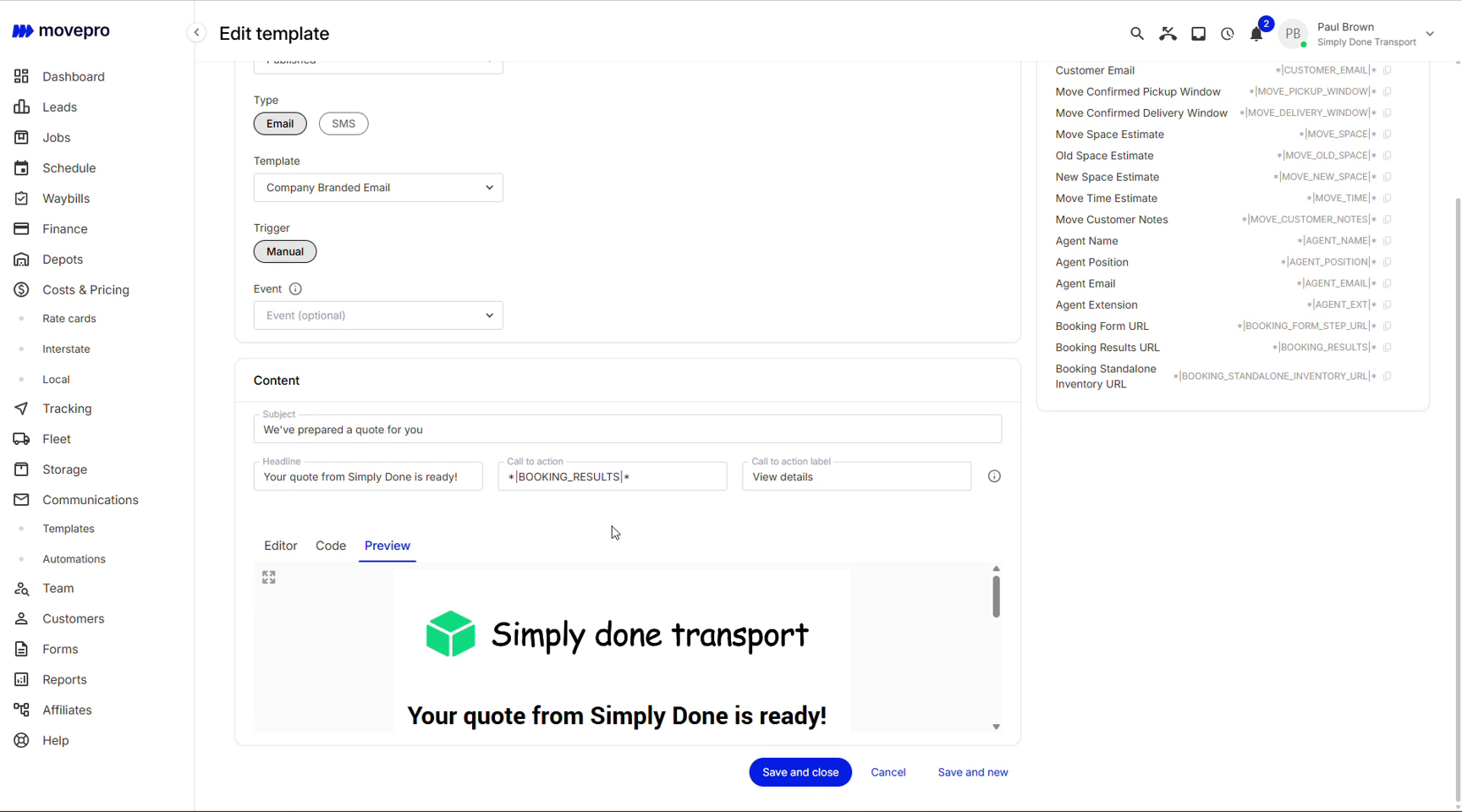 Template preview showing the company logo and branded headline