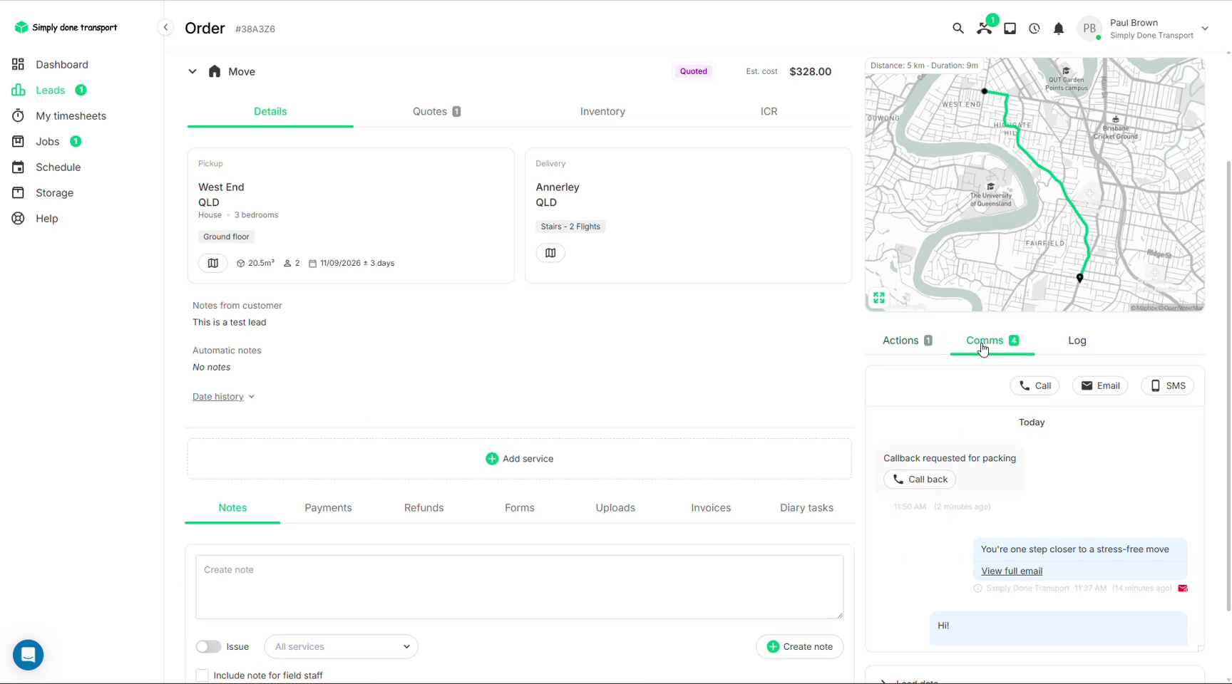 Order with the Comms rail showing call-backs, a sent email and an SMS in one thread