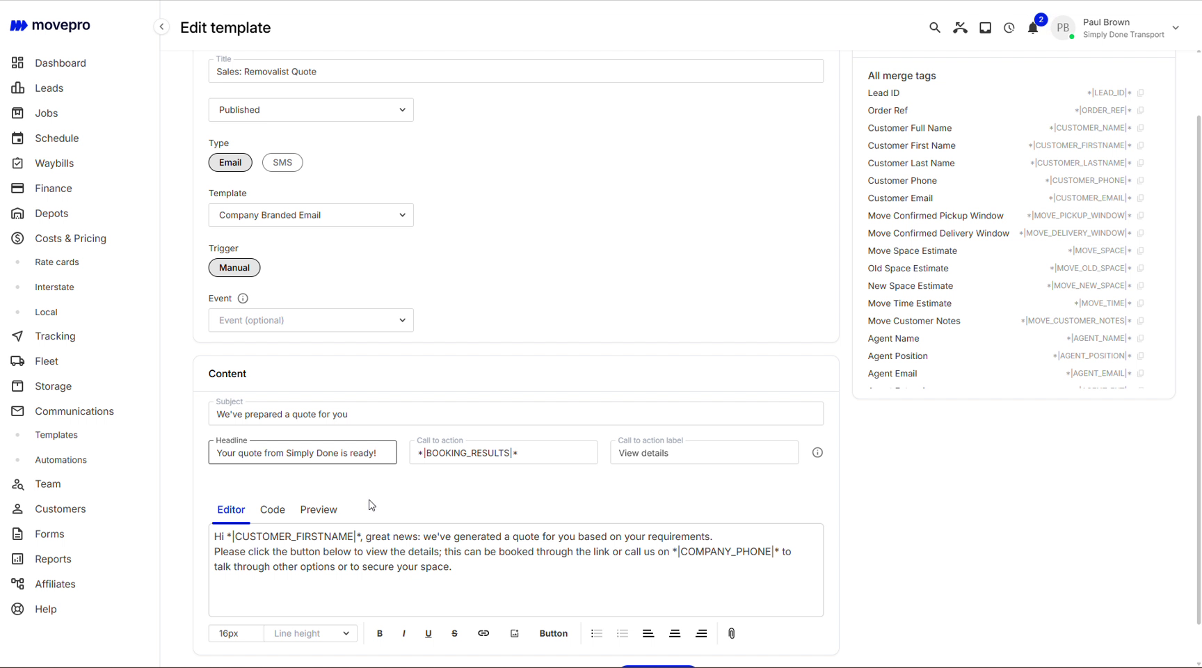 Template editor body with merge tags in the text and a formatting toolbar