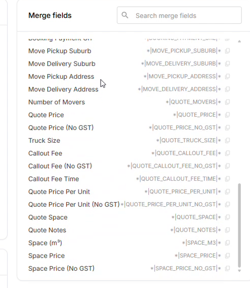 Merge fields panel listing available placeholders