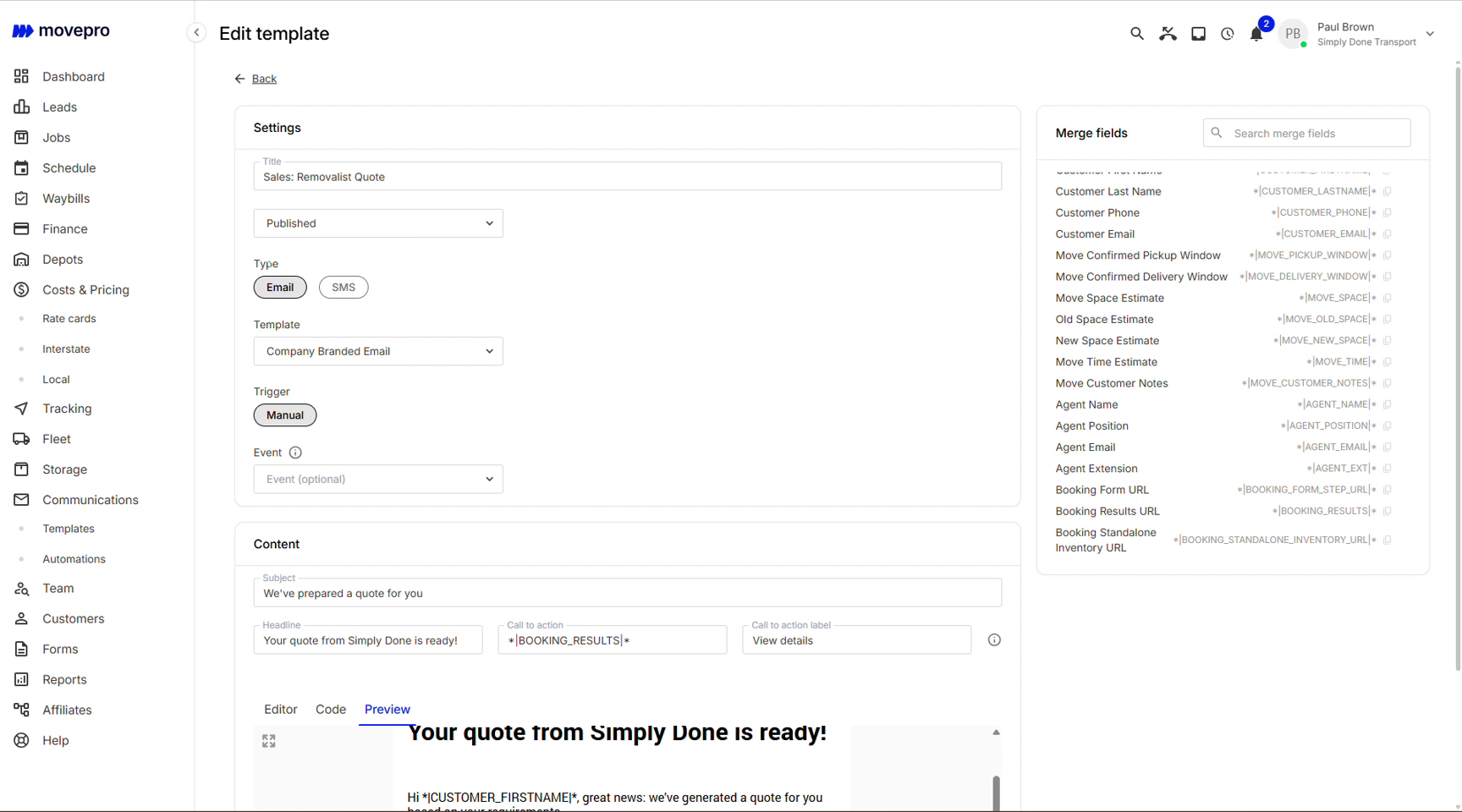 Template editor settings with type, branded wrapper, trigger, content fields and merge fields rail