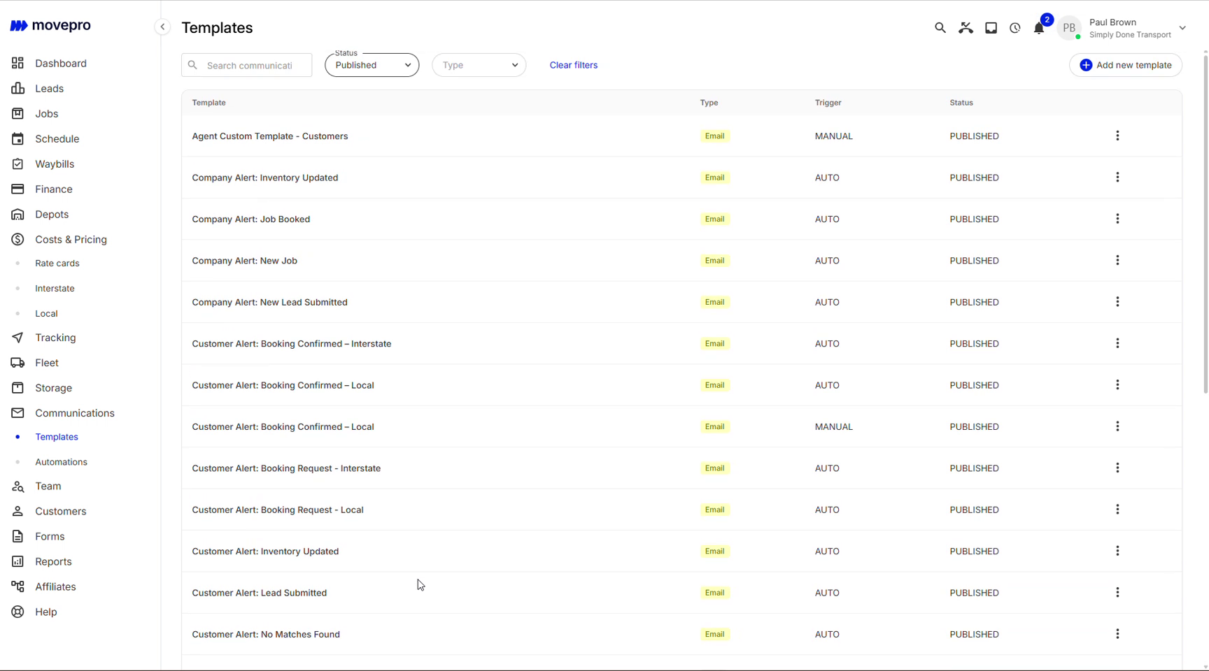 Templates list with type, trigger and status columns