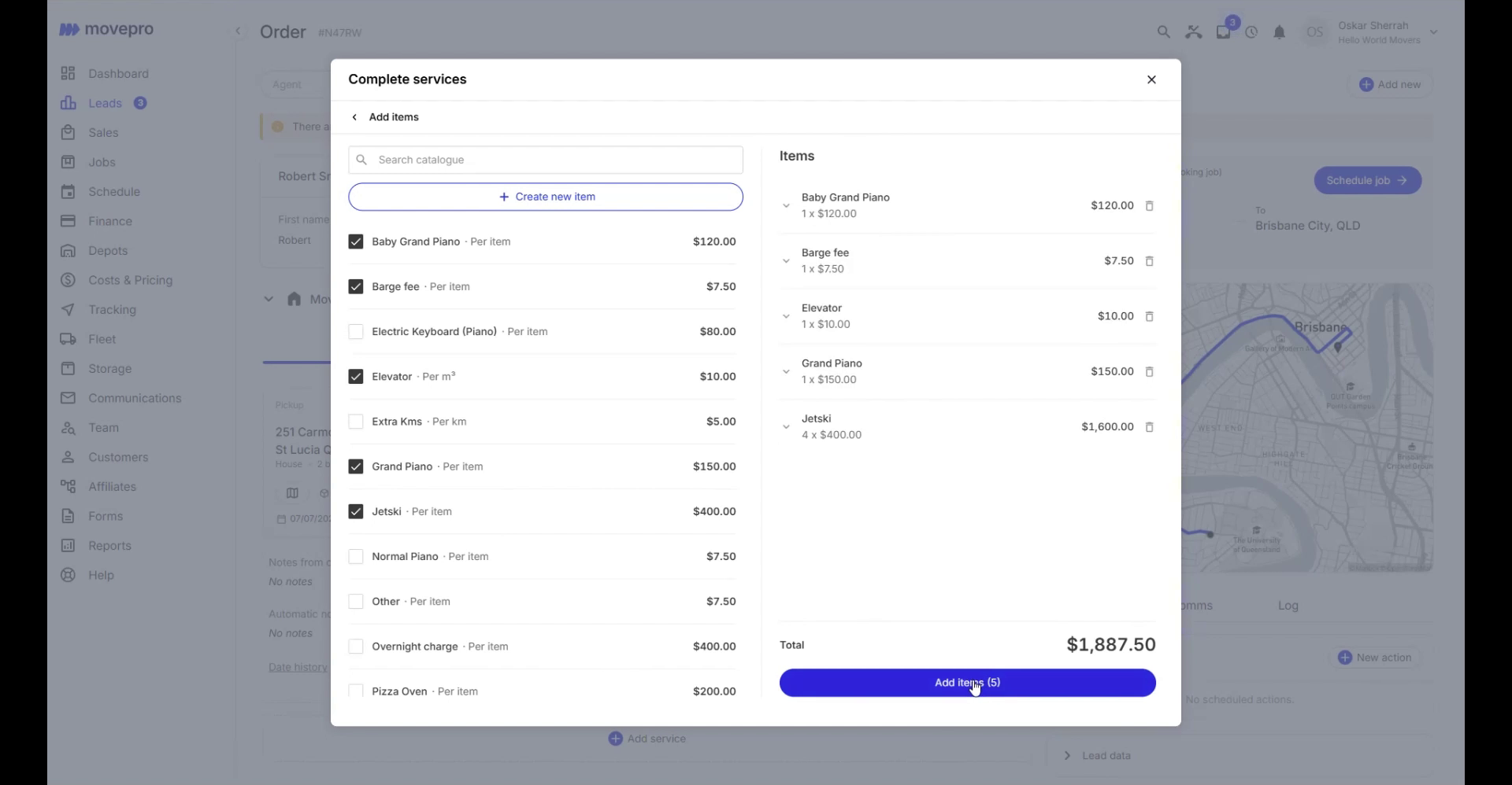 Add items screen inside Complete services with catalogue search, ticked items, quantities and a running total
