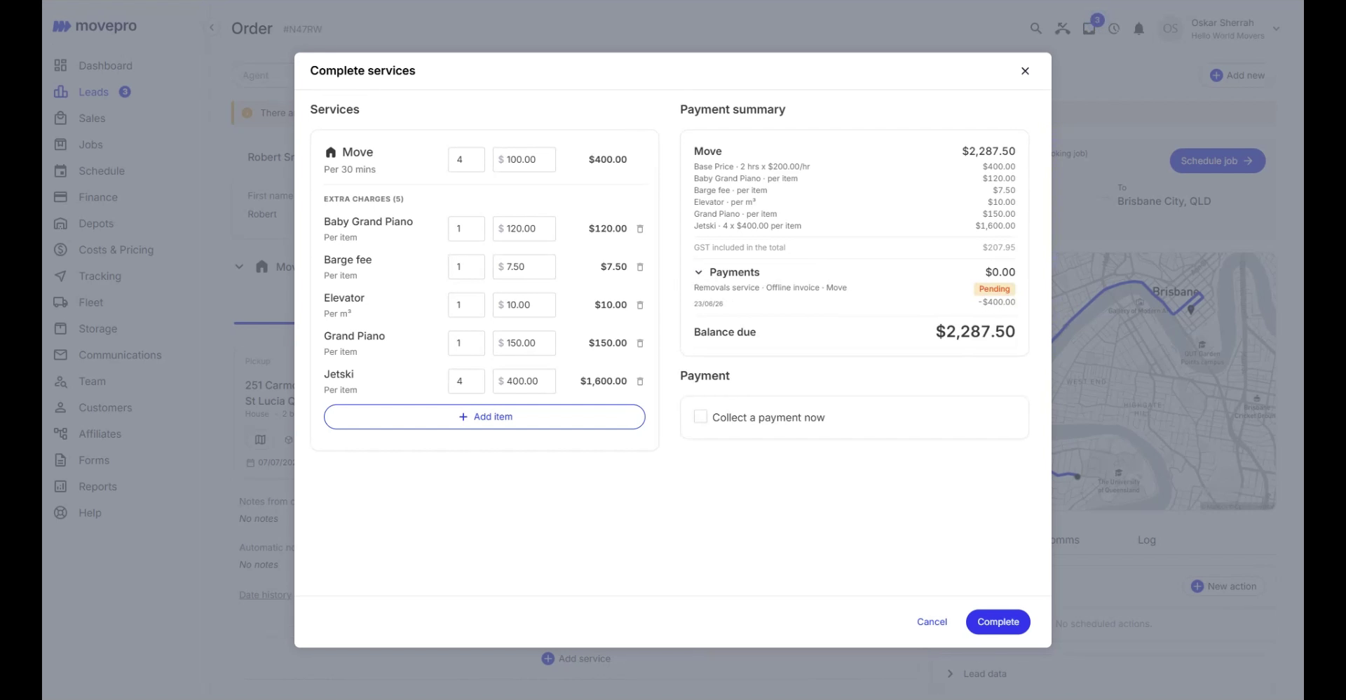 Complete services dialog with actual hours, extra charges, an itemised payment summary, a pending payment excluded and the balance due
