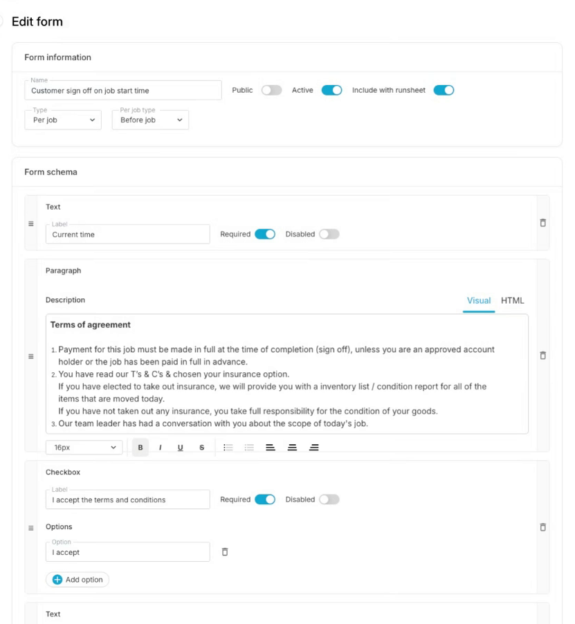 Form editor with form information and schema fields