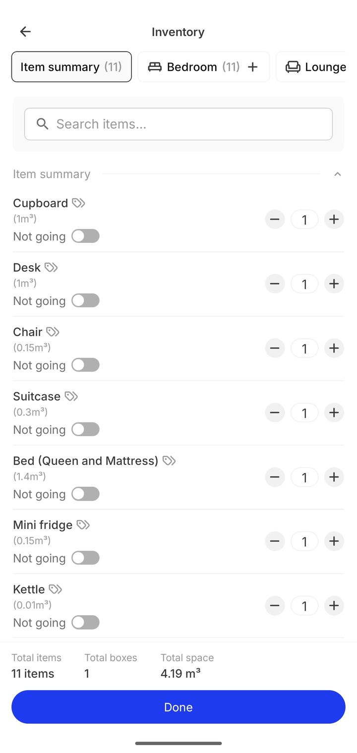 Item summary listing scanned items with quantities and a totals bar showing 11 items and 4.19 cubic metres
