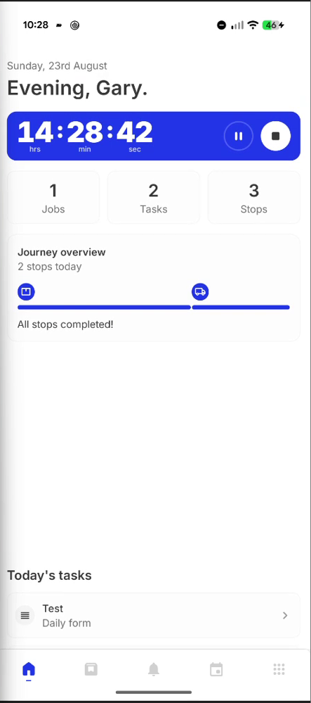 Home screen showing all stops completed and the shift timer still running