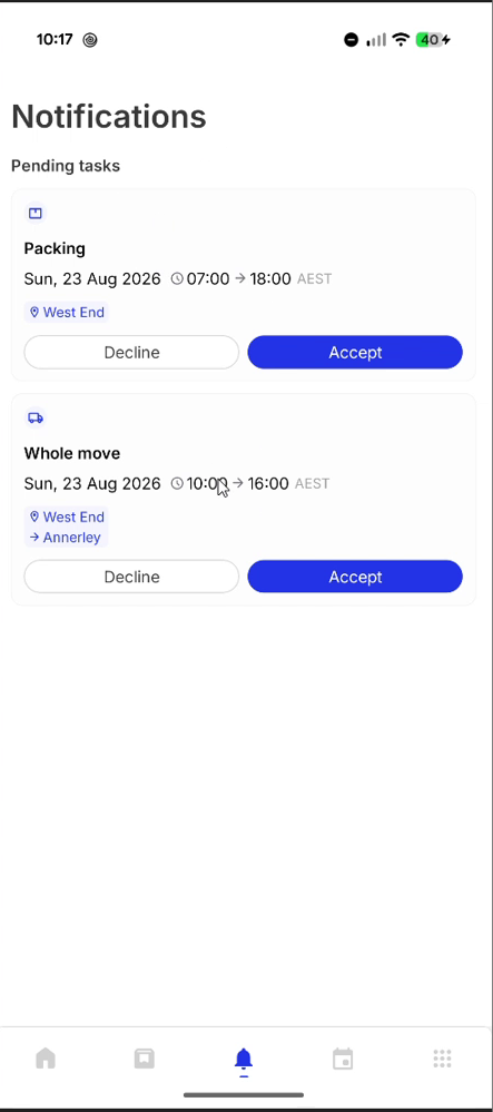 Notifications tab with pending tasks and accept and decline buttons