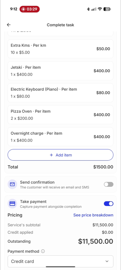 Complete task sheet with extra items and quantities, a total, send confirmation and take payment toggles and the outstanding balance pre-filled