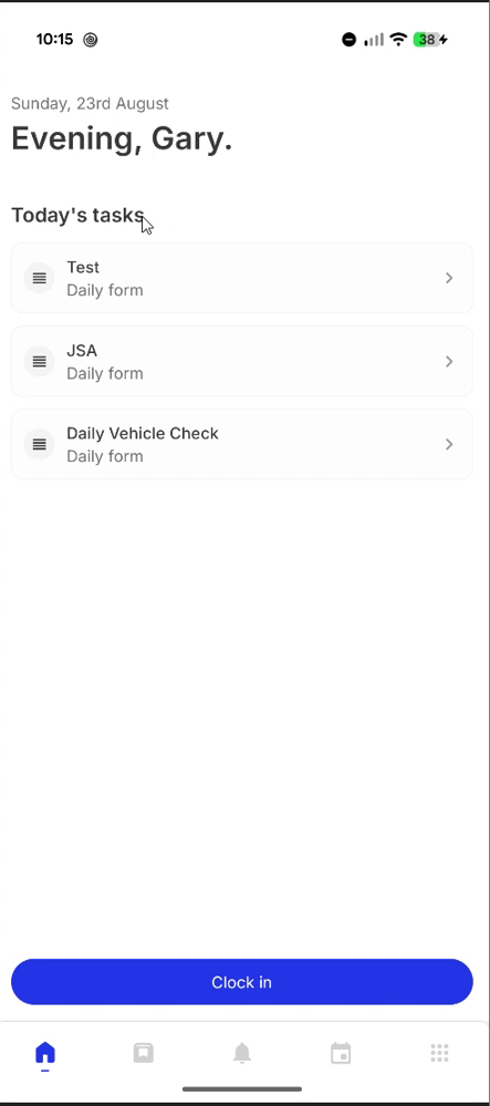 App home screen with daily forms, clock in button and bottom navigation