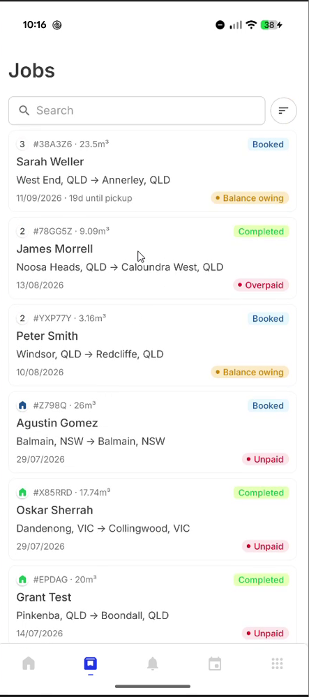 Jobs tab listing assigned jobs with status and payment chips