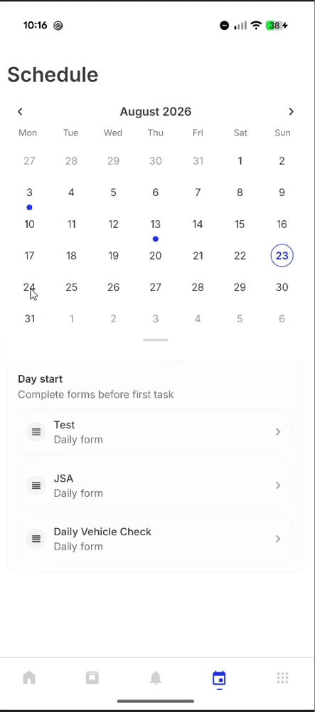 Schedule tab with month calendar and day start forms