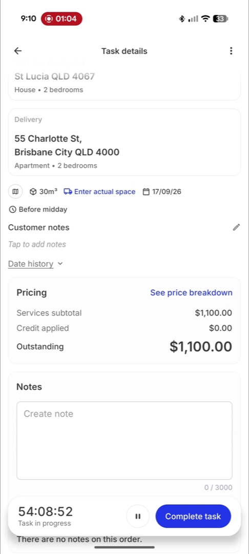 Task details with a pricing panel showing services subtotal, outstanding balance and a see price breakdown link