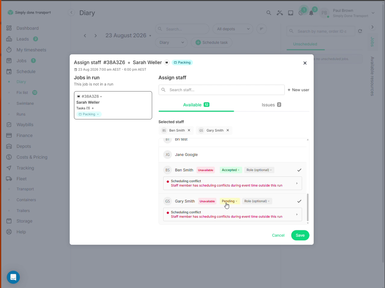 Assign staff dialog showing accepted and pending status chips per crew member