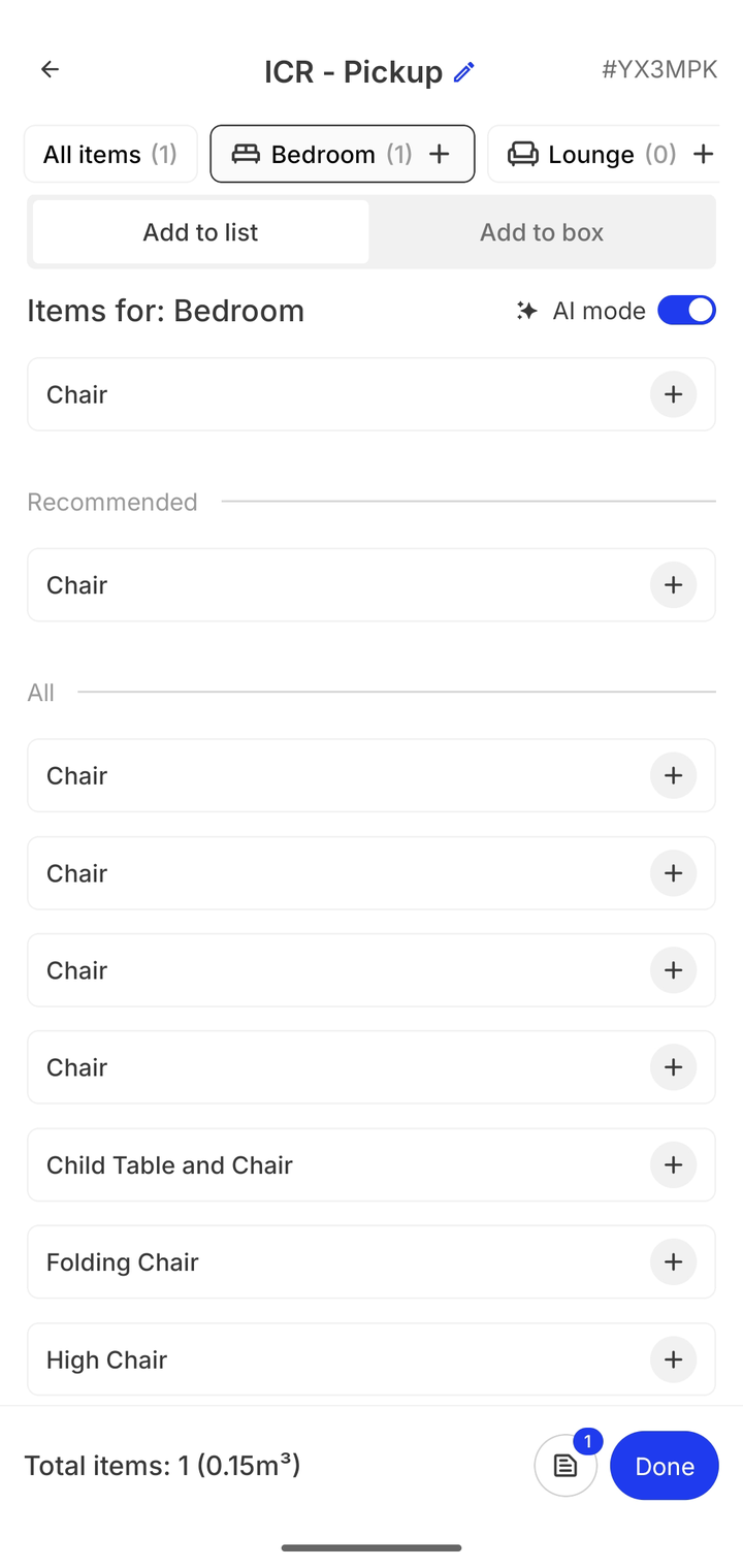 ICR pickup screen with room tabs, add to list and add to box options and the AI mode toggle on