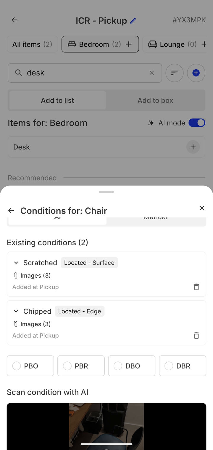Conditions sheet for a chair listing scratched and chipped conditions with images and condition code chips