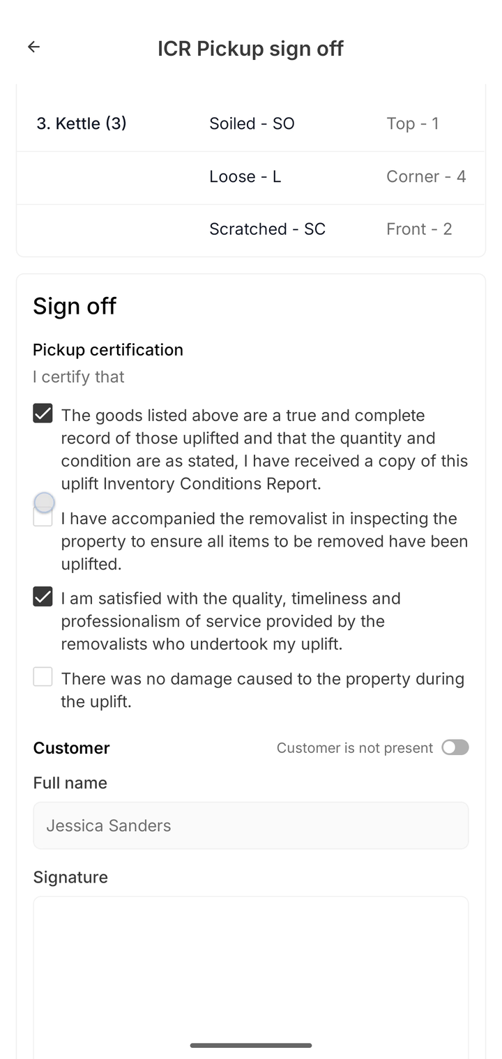ICR pickup sign off screen with per-item conditions, certification checkboxes and a signature field