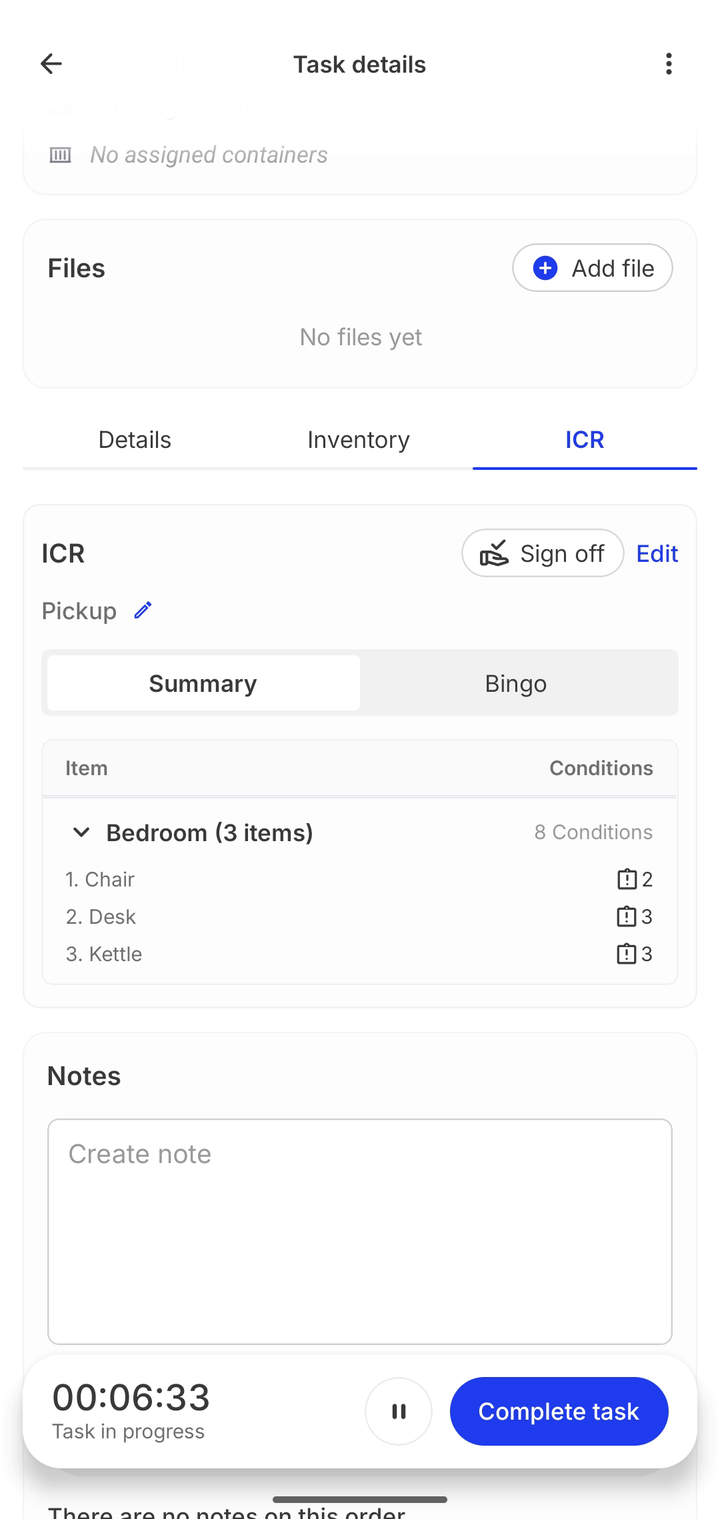 Task ICR tab with summary and bingo views, items per room with condition counts and a sign off button