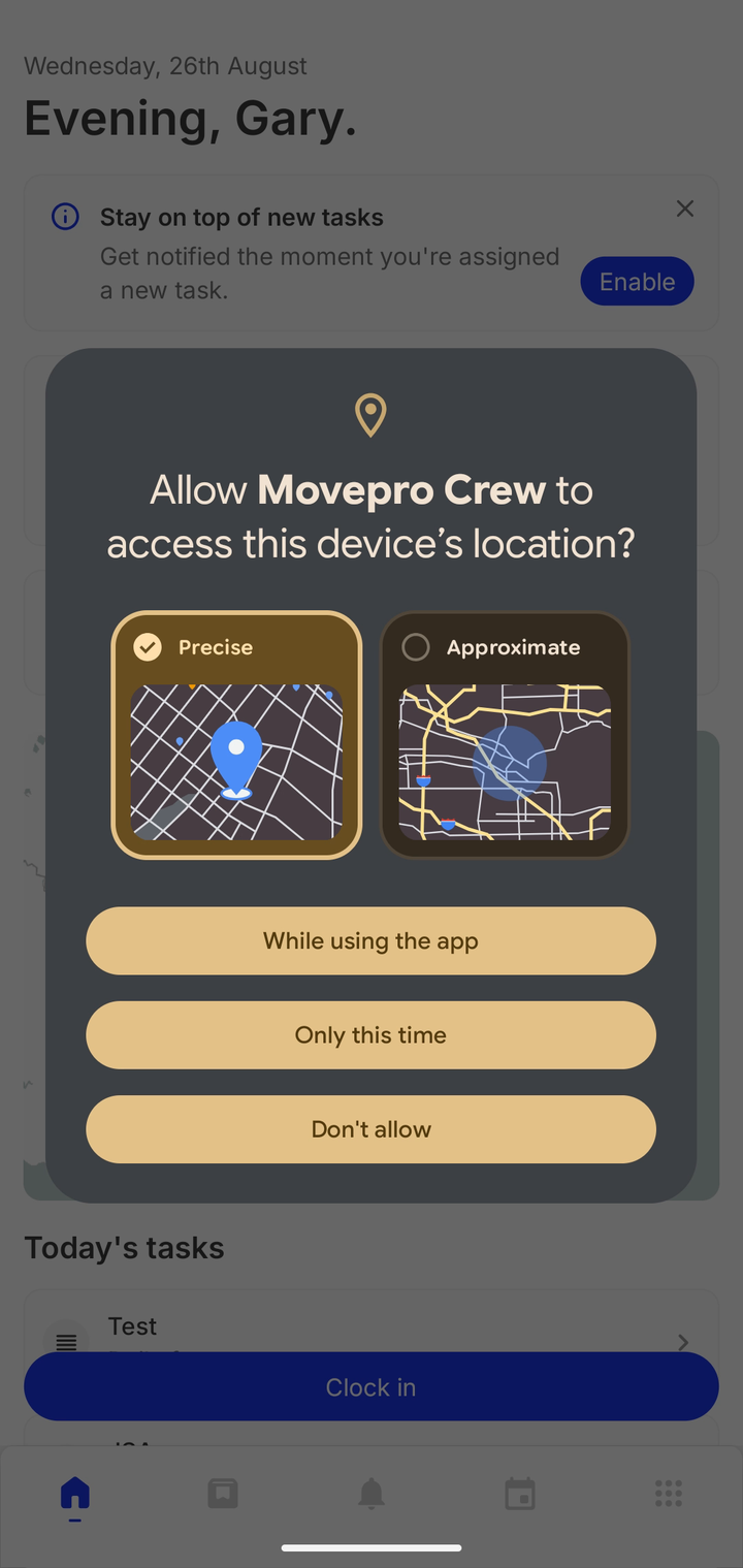 Location permission dialog asking to allow Movepro Crew to access the device location