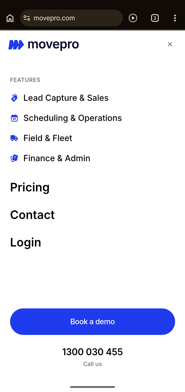 Movepro website menu with the Field and Fleet section that links to the crew app