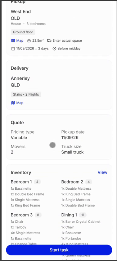 Magic link scrolled to pickup and delivery details, quote parameters and inventory