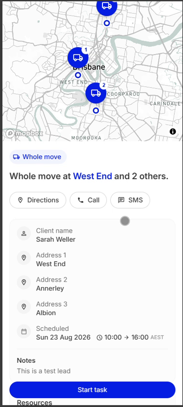 Magic link task view with stop map, client details, addresses and start task button