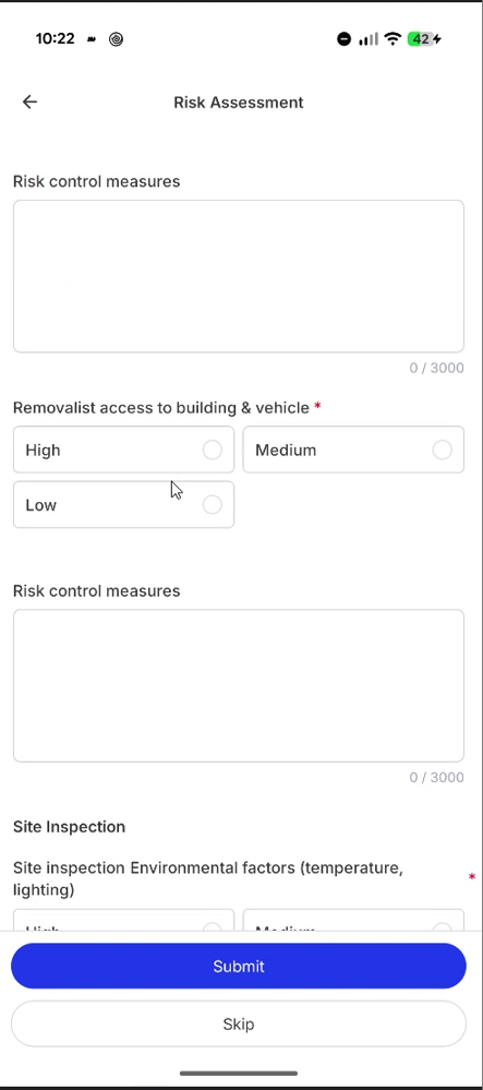 Risk assessment form with access ratings and control measures