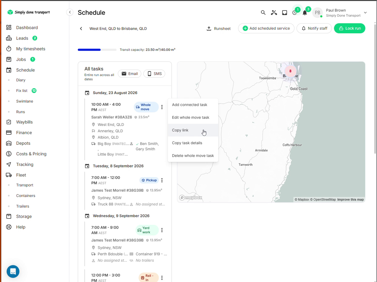 Run view with a task menu open showing the copy link option