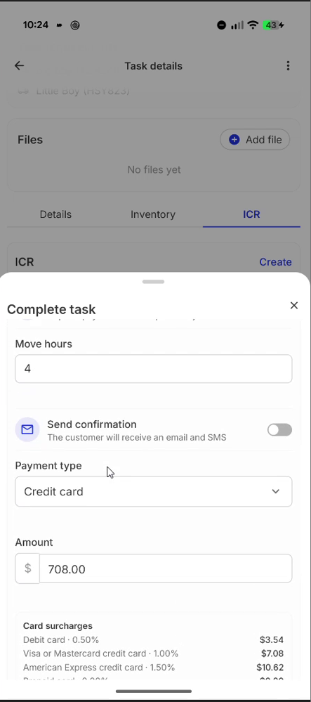 Complete task sheet with move hours, send confirmation toggle, payment type and card surcharges