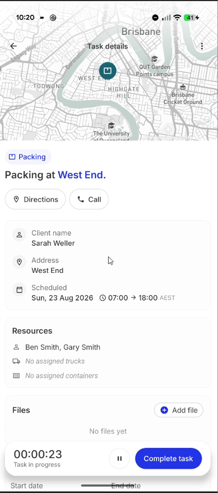 Task details with map, client, resources and a running task timer