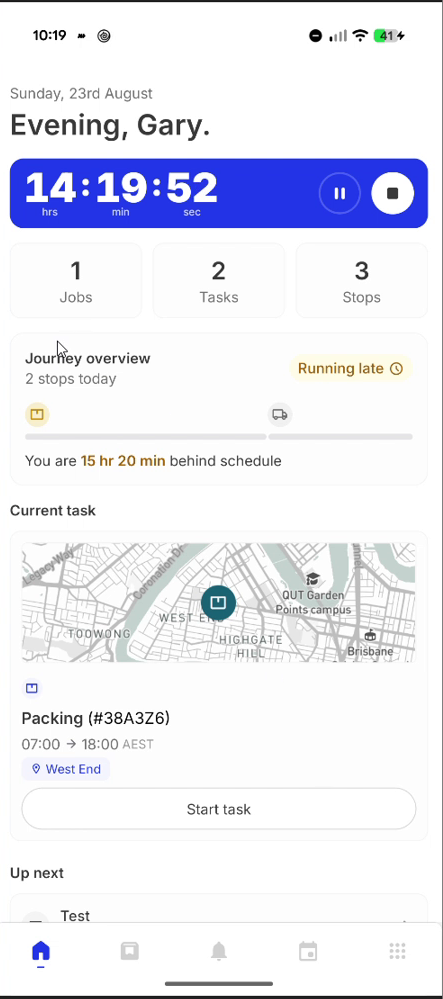 Home screen with running shift timer, journey overview and current task card