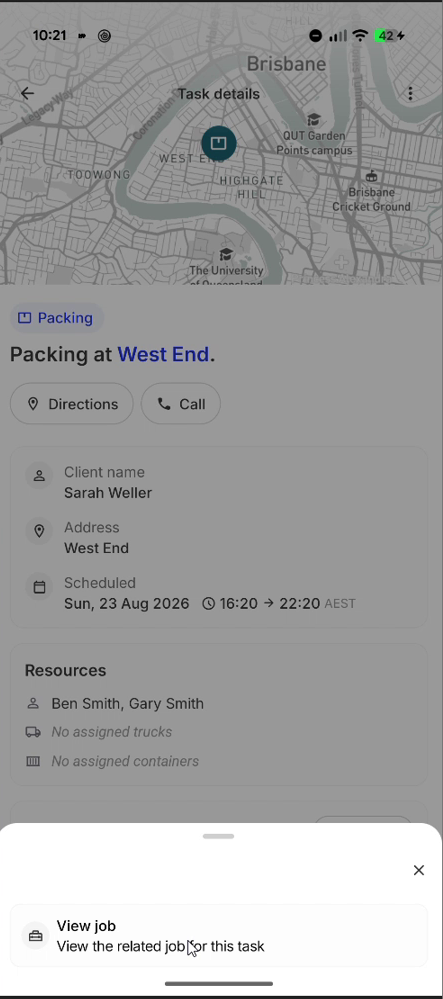 Task menu with view job option