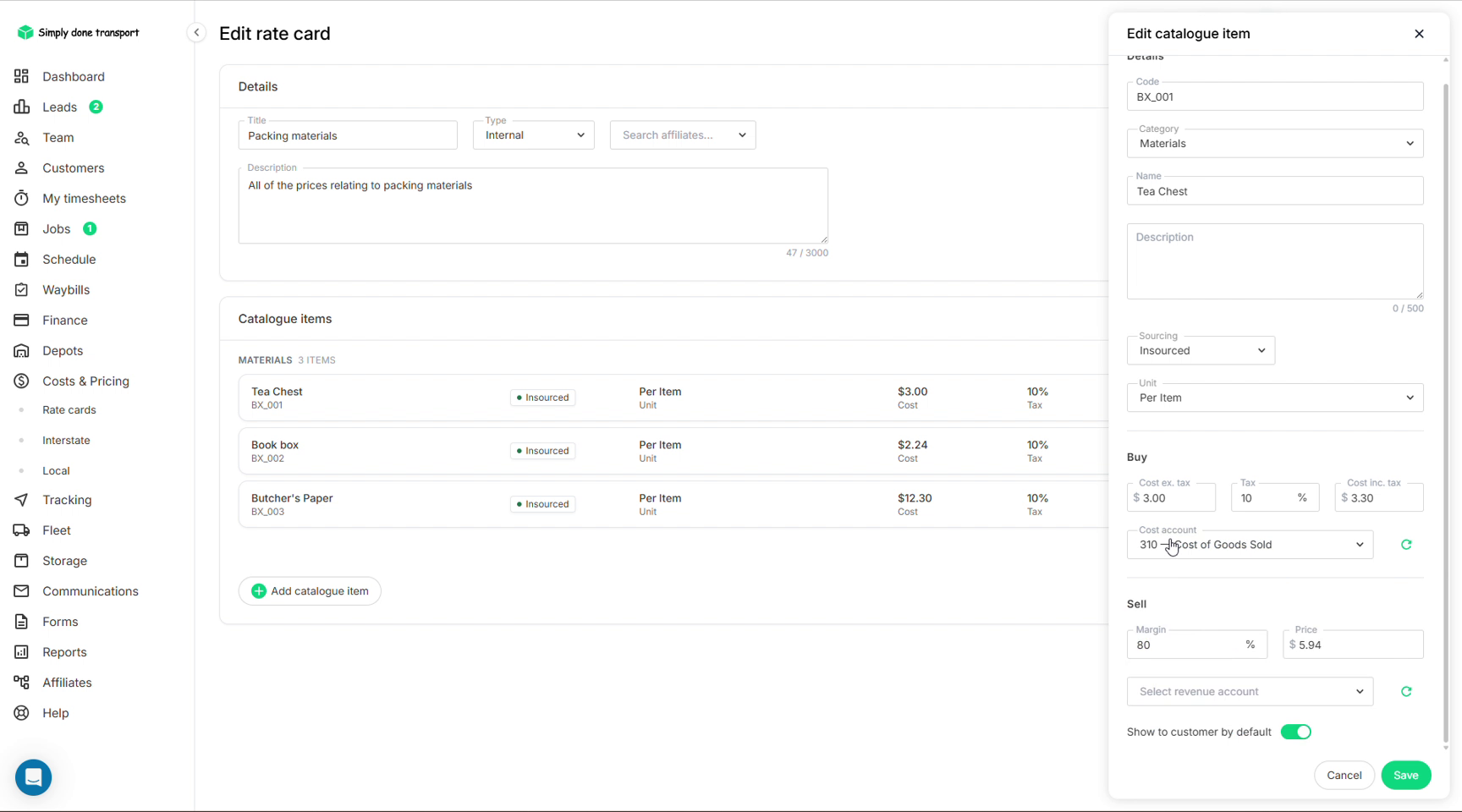 Edit catalogue item panel with a Xero cost account selected in the Buy section
