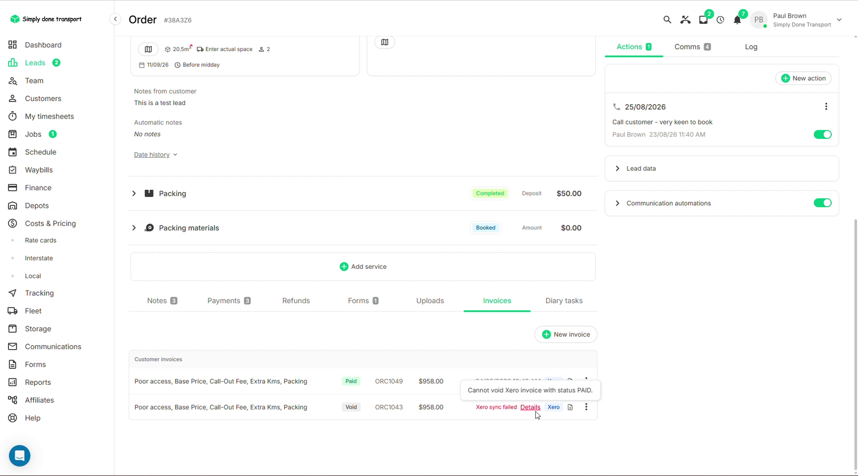 Invoices tab with a void invoice showing a Xero sync failed error and its tooltip
