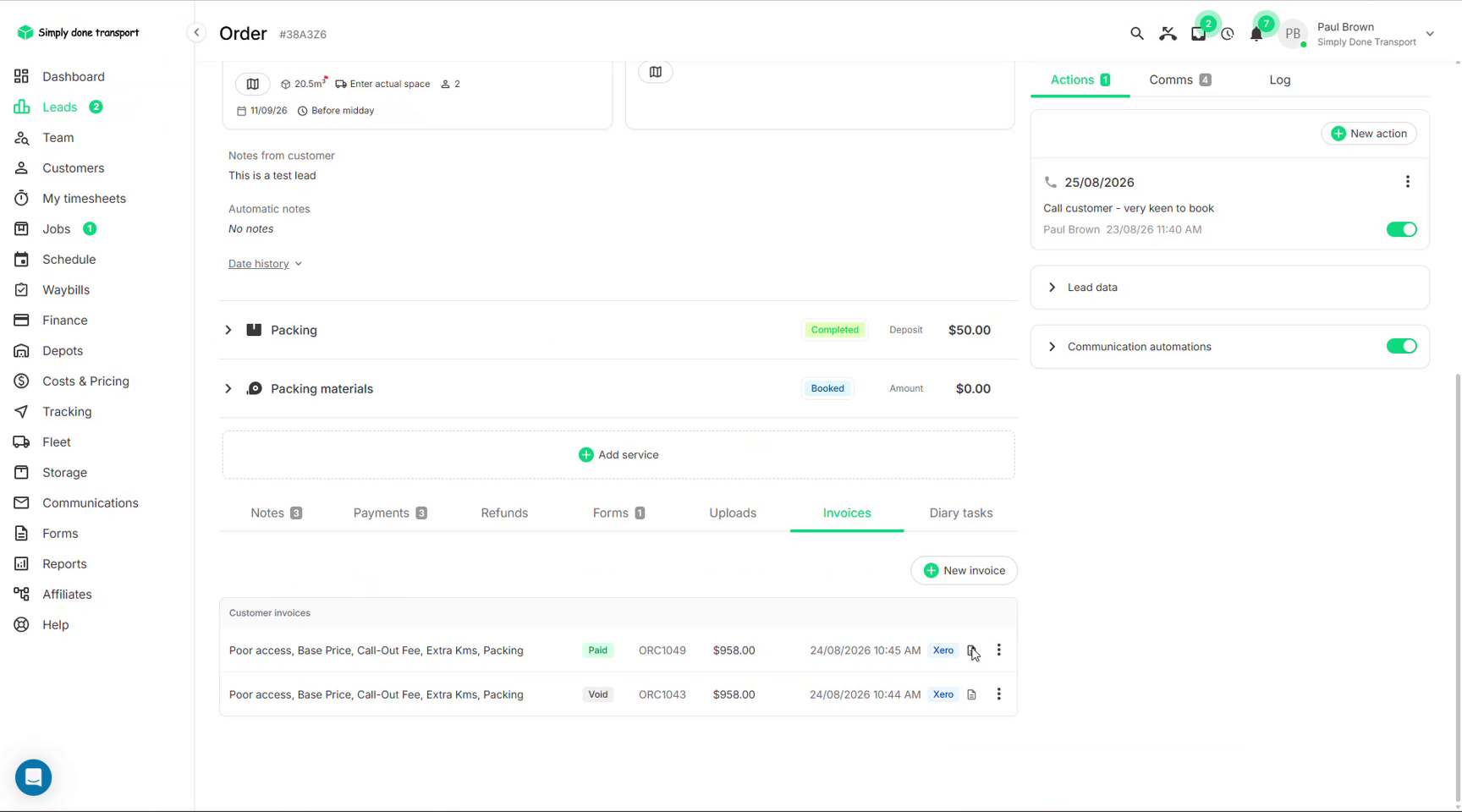Invoices tab with a paid invoice and a void invoice, both carrying Xero tags