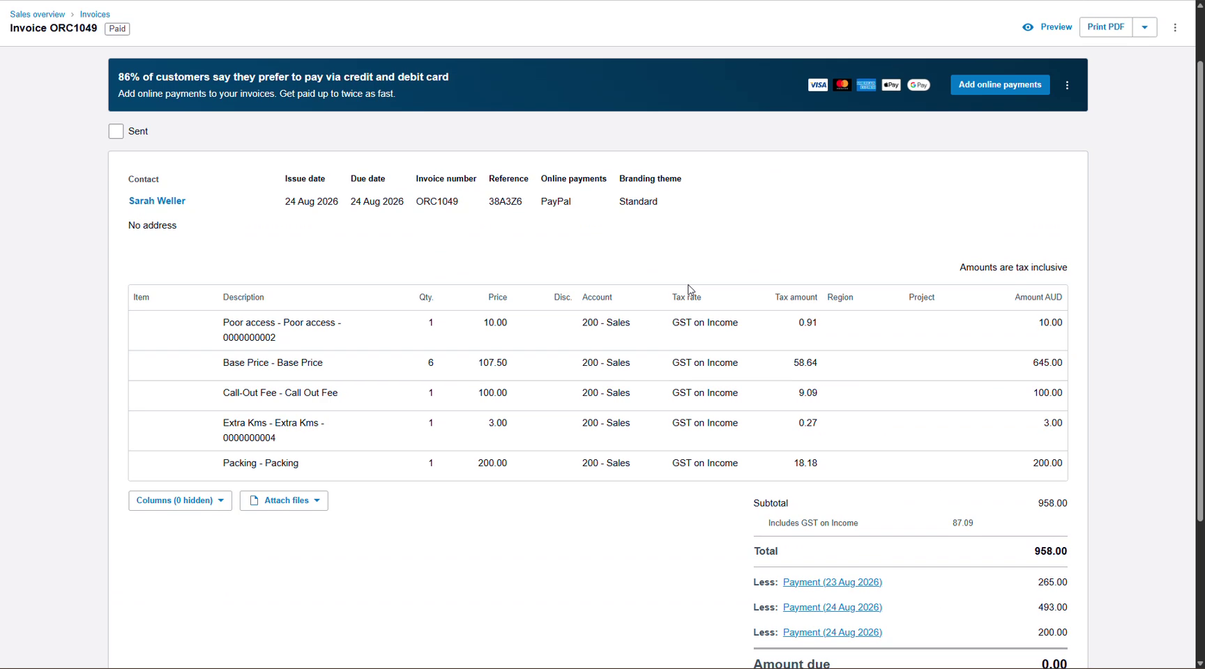 The synced invoice in Xero with line items, accounts, three applied payments and zero amount due