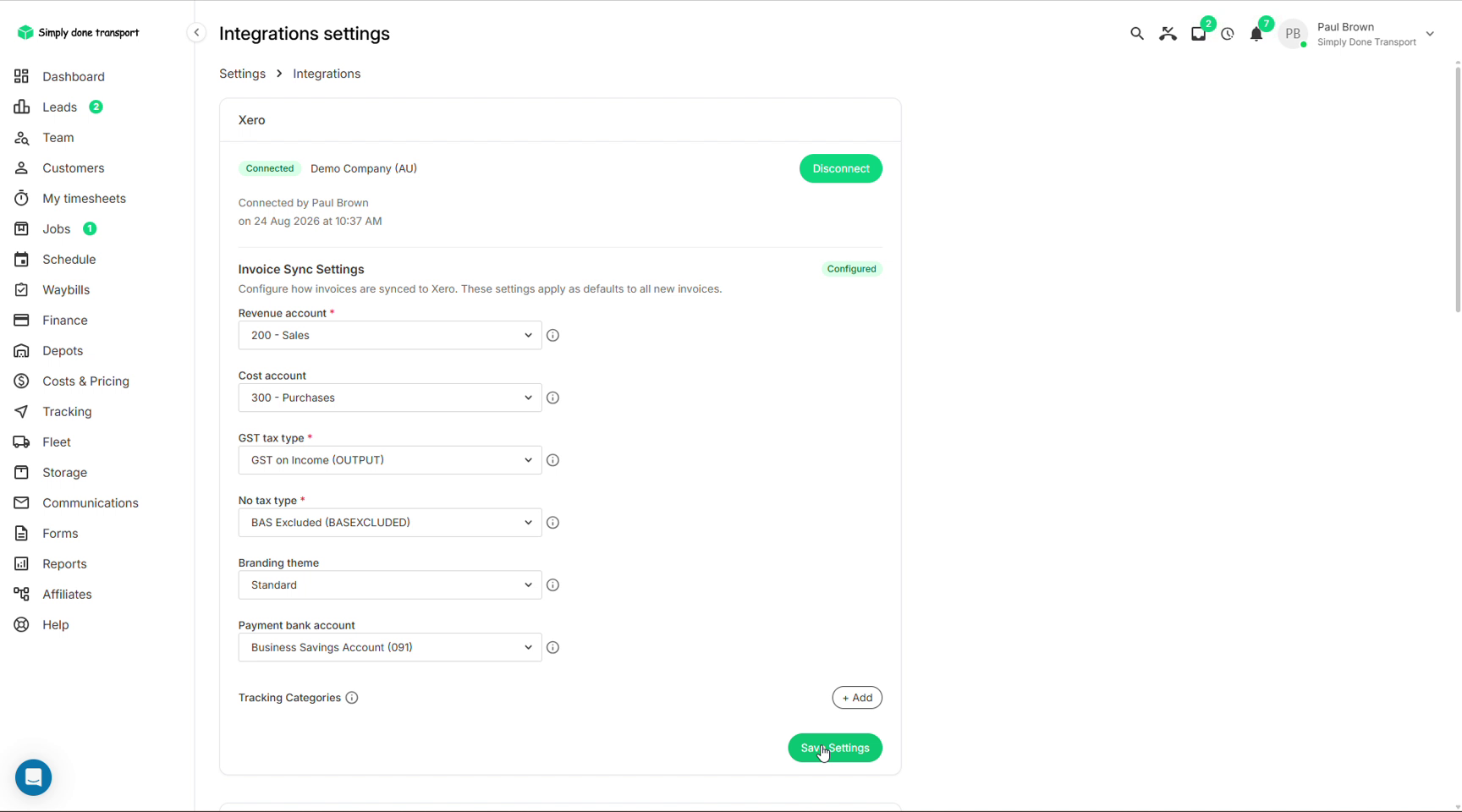 Integrations settings connected to Xero with revenue, cost, tax, branding and bank account defaults