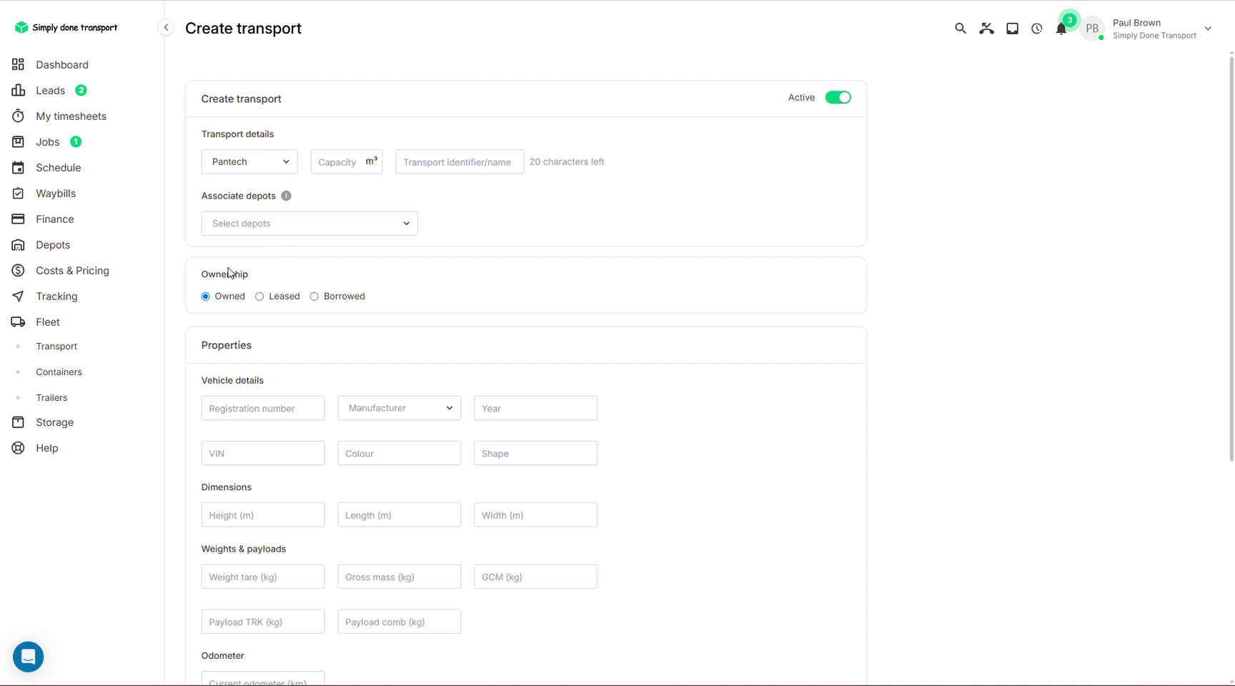 Create transport form with type, capacity, depots, ownership and vehicle properties