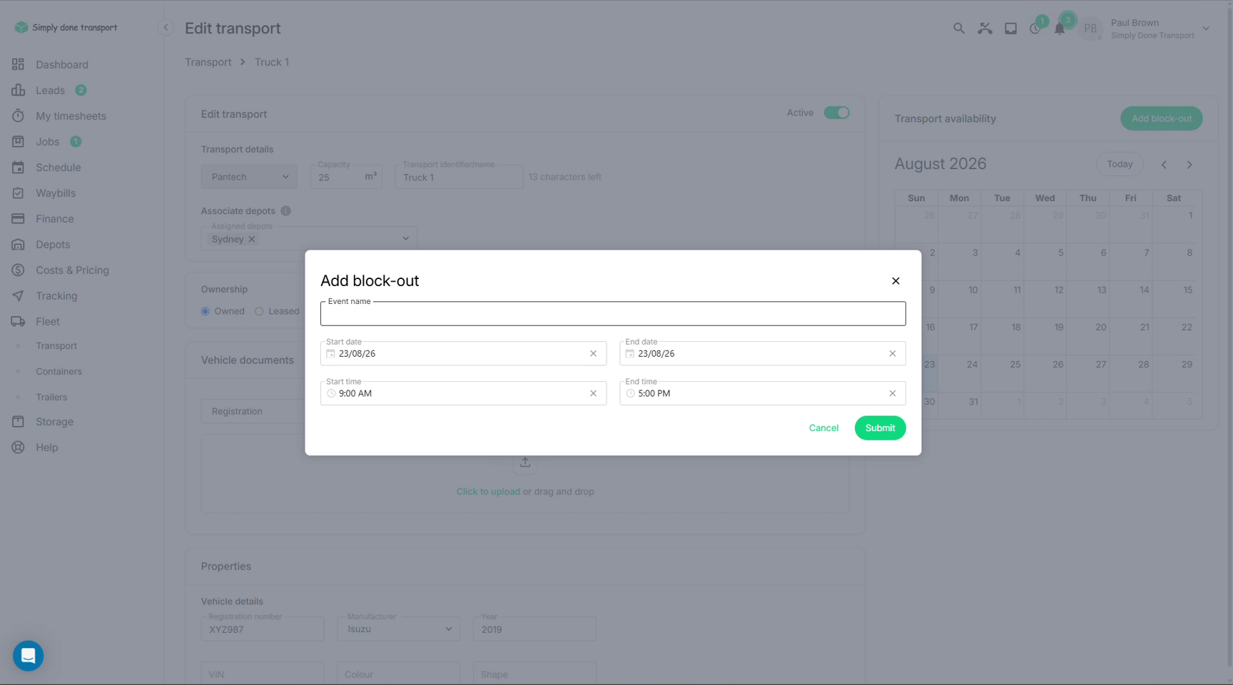 Add block-out dialog with event name, dates and times