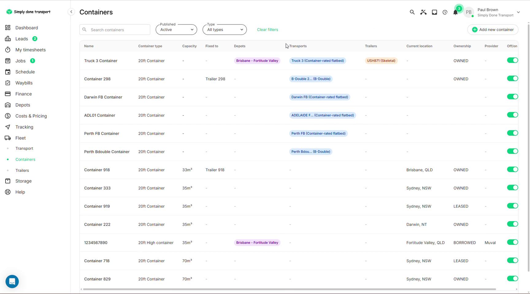 Containers list with types, capacities, mounts, locations and ownership